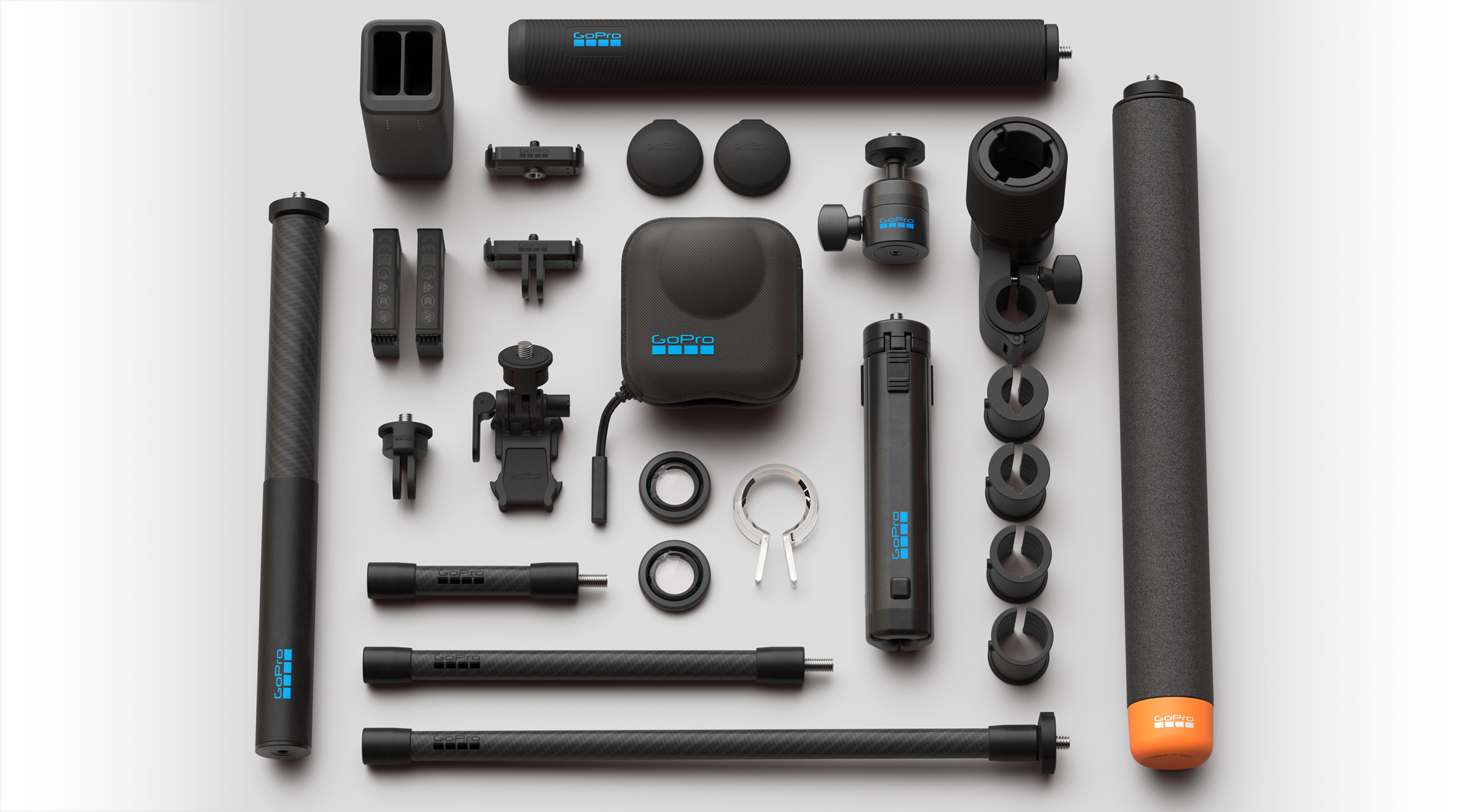 Complete set GoPro MAX 2 accessoires met verlengstokken, mounts, Enduro-accu’s, statiefkop en beschermhoes voor 360-camera’s